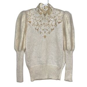 Vintage Lillie Rubin Cream Appliqué Bead And Sequin Long Sleeve Sweater